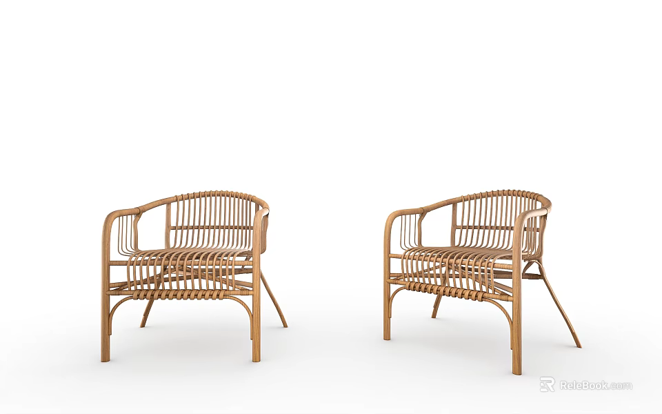 Two Rattan Leisure Chairs with Woven Design and Armrests for Relaxation 3d model 