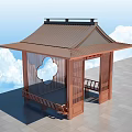 Ancient Chinese Pavilion With Traditional Roof Red Wooden Structure Blue Sky White Clouds Stone Ground