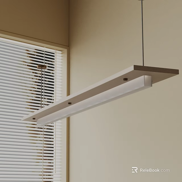 Modern Long Strip Pendant Light Hanging Over Light Colored Wall With Window Blinds 3d model 