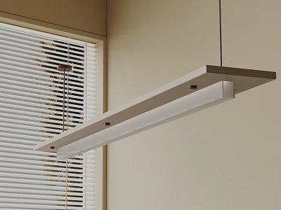 Modern Long Strip Pendant Light Hanging Over Light Colored Wall With Window Blinds 3d model