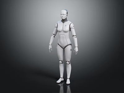 White Humanoid Robot Character Featuring Biomechanical Joints On Dark Background 3d model