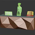 Modern Brown Reception Desk With Geometric Pattern Design Computer Monitor And Chair Interior
