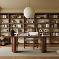 Cozy Home Study Interior Design With Wooden Desk Bookshelves And Pendant Lamp