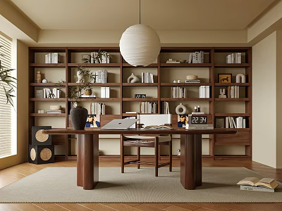 Cozy Home Study Interior Design With Wooden Desk Bookshelves And Pendant Lamp 3d model