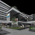 Modern Commercial Street With Glass Buildings Greenery Fountain And Shopping Stores