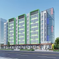 Rural Self Built Multi Storey Building With Green Gray Exterior And Ground Floor Shops