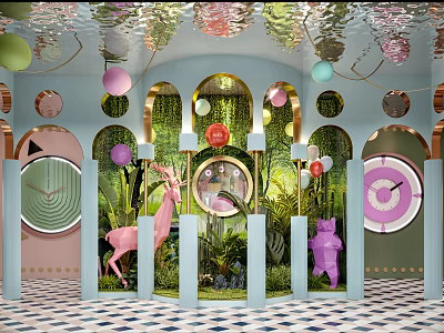 Colorful Store Front Desk With Arch Design Animal Sculptures Green Plants And Geometric Floor 3d model
