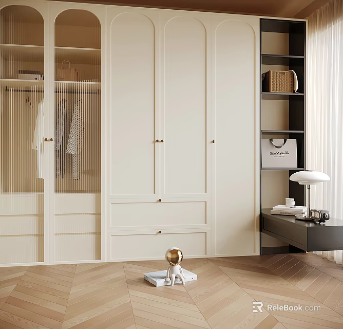 Modern Minimalist Wardrobe Interior With Beige Panel Doors Drawers And Hanging Area 3d model 