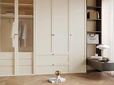 Modern Minimalist Wardrobe Interior With Beige Panel Doors Drawers And Hanging Area 3d model