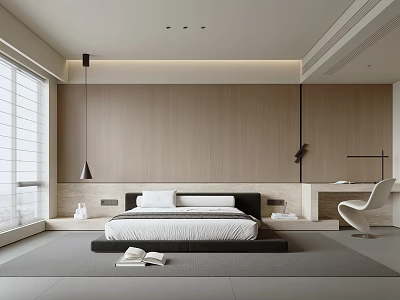 Modern Bedroom Interior With Light Wood Panel Walls Platform Bed Pendant Light And Window Blinds 3d model