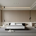 Modern Bedroom Interior With Light Wood Panel Walls Platform Bed Pendant Light And Window Blinds