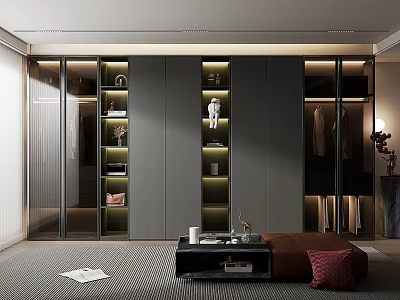 Modern Luxury Walk In Closet Interior With Glass Doors Lighting And Hanging Space 3d model