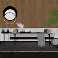 Modern Sofa Bench With Leather Cushions Wooden Legs Side Table Circular Mirror And Green Plant
