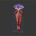 Mystical Humanoid Jellyfish Creature With Purple Bell Red Tentacles And Bioluminescent Glow Against Dark Backdrop