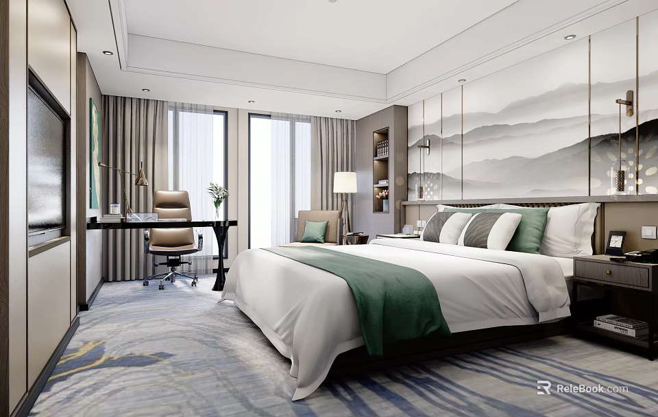 Hotel Guest Room Interior With Comfortable Bed White Linen Green Blanket Windows And Decorative Painting 3d model 