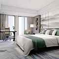 Hotel Guest Room Interior With Comfortable Bed White Linen Green Blanket Windows And Decorative Painting