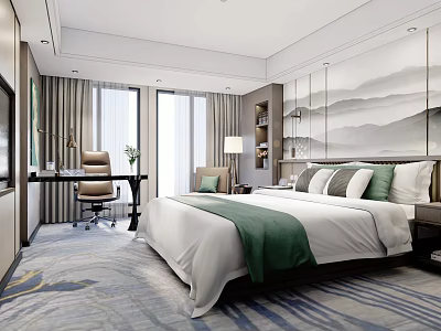 Hotel Guest Room Interior With Comfortable Bed White Linen Green Blanket Windows And Decorative Painting 3d model