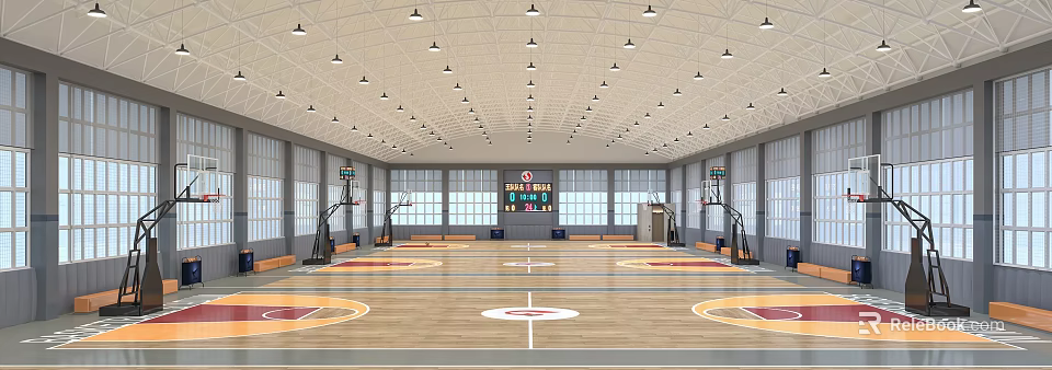 Well Lit Indoor Basketball Court With Hoops Scoreboard And Windows 3d model 