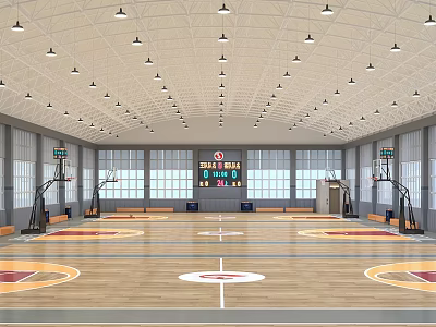 Well Lit Indoor Basketball Court With Hoops Scoreboard And Windows 3d model
