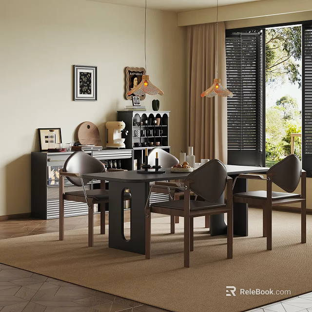 Modern Dining Room With Wooden Table Gray Chairs Pendant Lights Wine Rack And Wall Art 3d model 