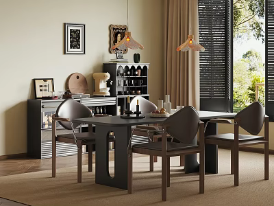 Modern Dining Room With Wooden Table Gray Chairs Pendant Lights Wine Rack And Wall Art 3d model