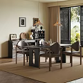 Modern Dining Room With Wooden Table Gray Chairs Pendant Lights Wine Rack And Wall Art