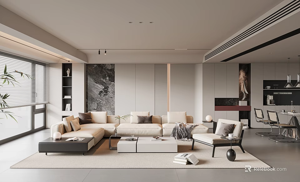 Modern Living And Dining Room Interior With Beige Sofa Coffee Table And Large Windows 3d model 