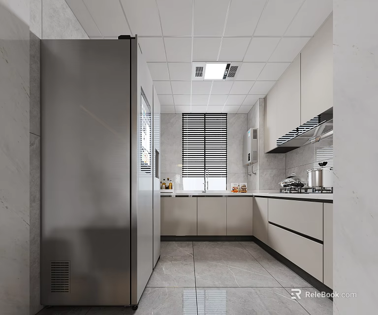 Modern Kitchen Interior With Light Cabinets Stainless Steel Refrigerator And Marble Countertops 3d model 