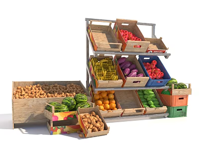 Multi Tiered Display Shelves with Wooden Crates Holding Fresh Fruits and Vegetables 3d model