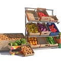 Multi Tiered Display Shelves with Wooden Crates Holding Fresh Fruits and Vegetables