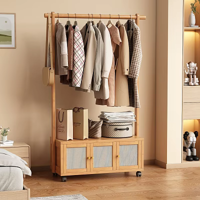 Wooden Clothes Rack with Hanging Clothes and Storage Cabinet Featuring Shopping Bags And Folded Laundry 3d model