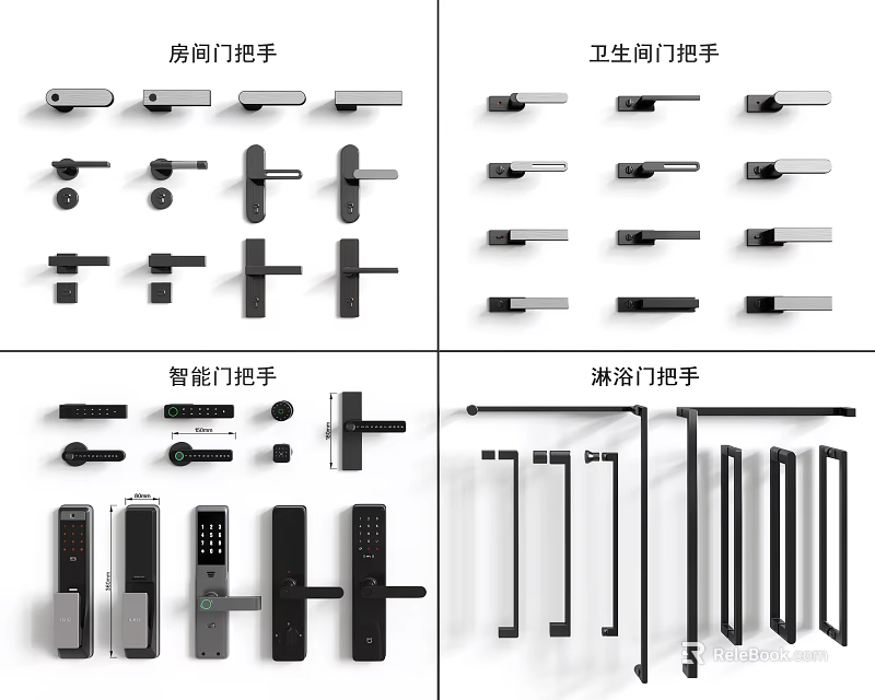 Various Types of Door Handles Including Room Bathroom Smart and Shower Designs 3d model 