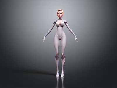 Futuristic Female Character in White Bodysuit with Mechanical Knee Parts 3D Model Design 3d model