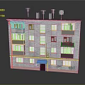Multistory Apartment Building With Gray Brick Exterior Windows Balconies Red Door Graffiti And Antennas
