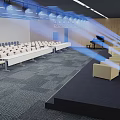 Conference Room With Neatly Arranged Chairs Large Projection Screen Stage Area Piano And Lighting Equipment