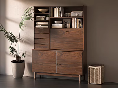 Modern Walnut Bookcase With Shelves Drawers Books Decor Plant And Wicker Basket 3d model