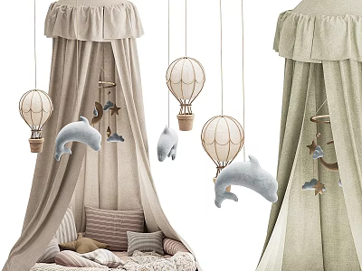 Beige Children's Bed With Canopy Hanging Hot Air Balloons And Dolphin Decorations 3d model