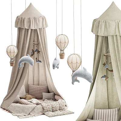 Beige Children's Bed With Canopy Hanging Hot Air Balloons And Dolphin Decorations 3d model