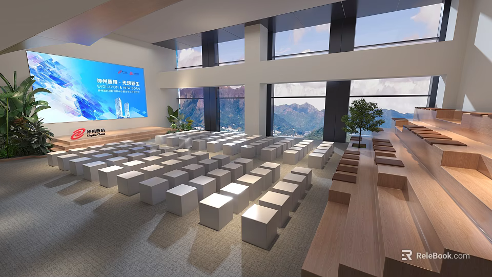 Modern Conference Room Interior With Large Screen White Seats And Green Plants 3d model 