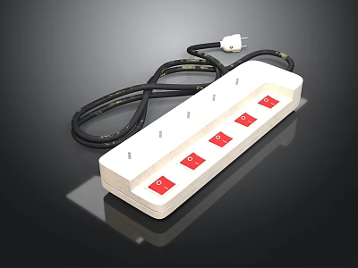 White Power Strip with Multiple Red Switches and Black Power Cord Plug 3d model