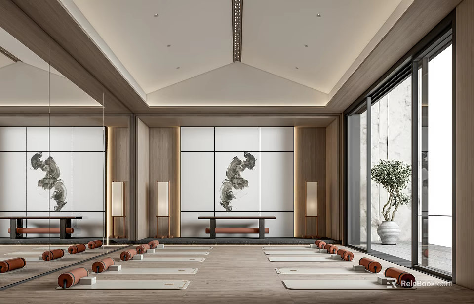 Serene Yoga Studio Interior With Mats And Zen Decor 3d model 
