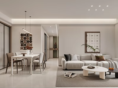 Modern Living and Dining Room Interior With Sofa Dining Table Chairs And Decorative Paintings 3d model