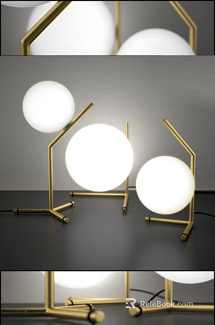 Three Unique Shaped Table Lamps With White Spherical Shades And Golden Metal Stands 3d model 