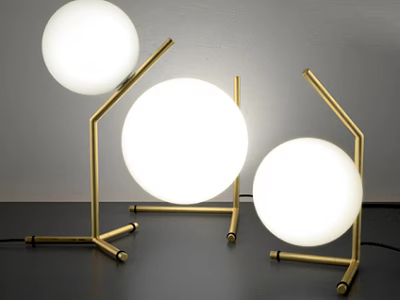 Three Unique Shaped Table Lamps With White Spherical Shades And Golden Metal Stands 3d model