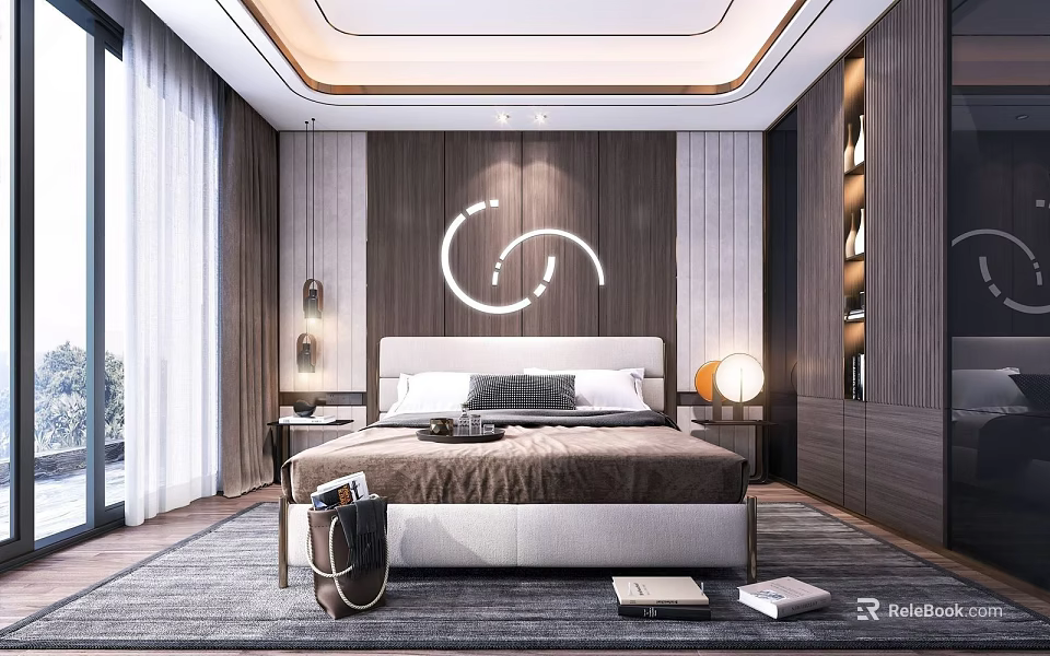 Modern Bedroom Interior Design With Wooden Wall Decorative Curve Large Window And Area Rug 3d model 