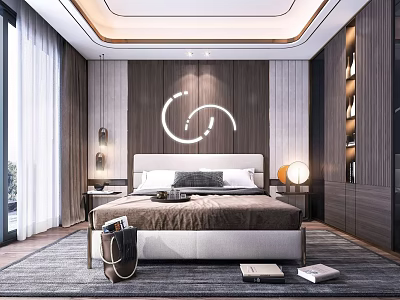 Modern Bedroom Interior Design With Wooden Wall Decorative Curve Large Window And Area Rug 3d model