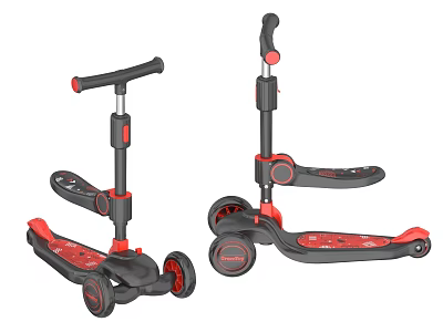Black Red Kids Scooter Design with Adjustable Handle and Three Wheels 3d model