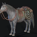 Gray Horse With Leather Saddle Decorative Reins And Riding Gear
