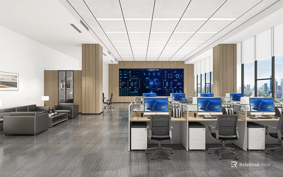 Modern Public Office Area With Spacious Layout Multiple Workstations Computers And Large Digital 3d model