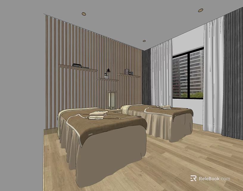 Stylish Store Front Desk Interior With Wooden Stripes Lighting And Wall Shelves 3d model 